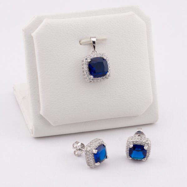 Dije y Aretes de Plata - Cristal Cuadrado Azul - Baño de Rodio - JP10008