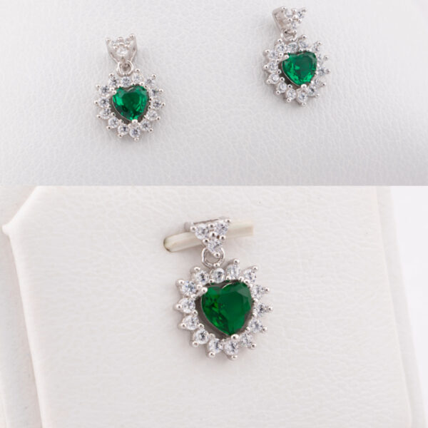 Dije y Aretes de Plata Cristal Corazón Verde con baño de Rodio - JP10012