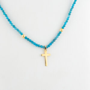 GO898 - GARGANTILLA DE APATITE 2MM CON DIJE CRUZ Y BOLITAS EN ORO DE 18K - G 1.000