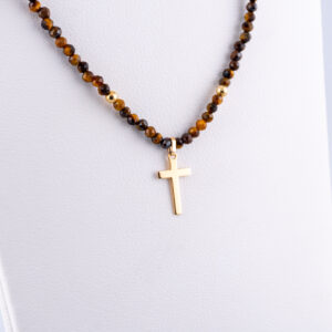 GO890 - GARGANTILLA DE OJO DE TIGRE 3MM CON DIJE CRUZ Y BOLITAS EN ORO DE 18K - G 0.800