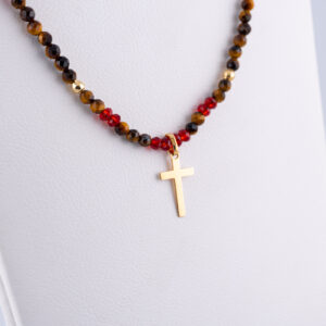 GO889 - GARGANTILLA DE OJO DE TIGRE Y CRISTAL 2MM CON DIJE CRUZ Y BOLITAS EN ORO DE 18K - G 0.800