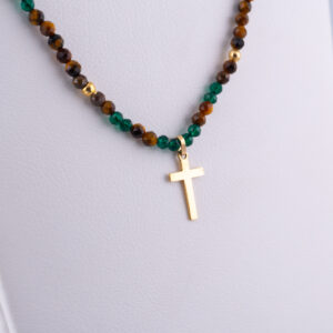 GO894 - GARGANTILLA DE OJO DE TIGRE CON CRISTAL DE 3MM CON DIJE CRUZ Y BOLITAS EN ORO DE 18K - G 0.900